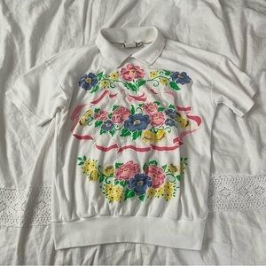 Vintage 80s AREO SMALL Flower Polo Shirt Short Sleeve White